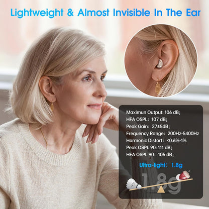 OTC Hearing Aids,Rechargeable Hearing Devices for Seniors,16-Channel Sound Processing, with Auto-On/Off, Memory Function,Noise Cancelling and Volume Control,Professional 4 Programs,Nearly Invisible Premium Comfort Design,In Ear Hearing Aid Not Amplifier,Quick Charge with Portable Charging Case