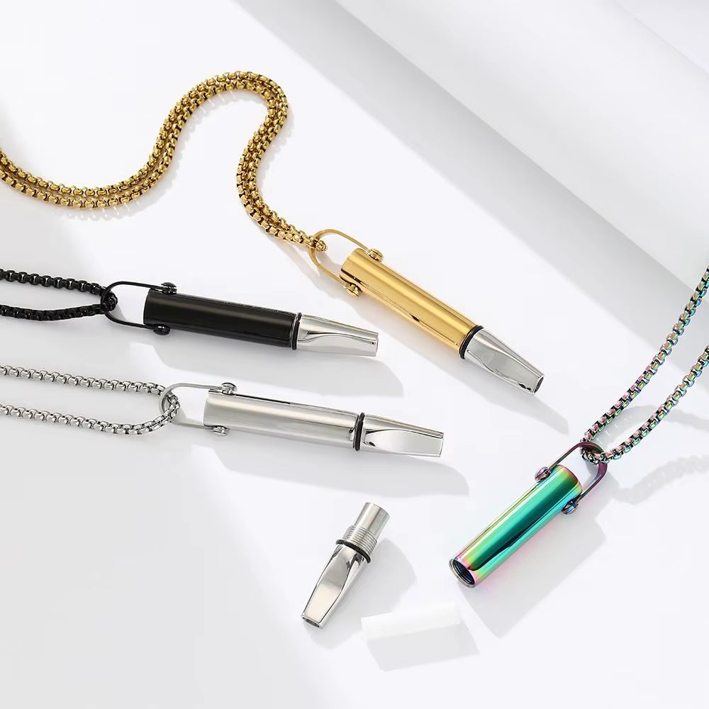 Titanium Steel Breathing Resistance Whistle Necklace Built-In Cotton Core round Tube Meditation Mindfulness Pendants Ornament